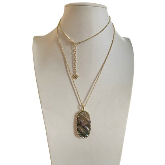 Authentic KENDRA SCOTT Gold Macrame Reid Long Necklace Abalone gold tone 15" - Picture 3 of 11